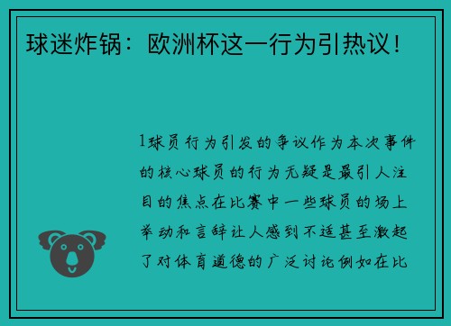球迷炸锅：欧洲杯这一行为引热议！