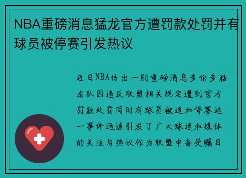 NBA重磅消息猛龙官方遭罚款处罚并有球员被停赛引发热议